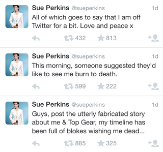 Illustration for article titled Sue Perkins Run Off Twitter Due To Top Gear Death Threats